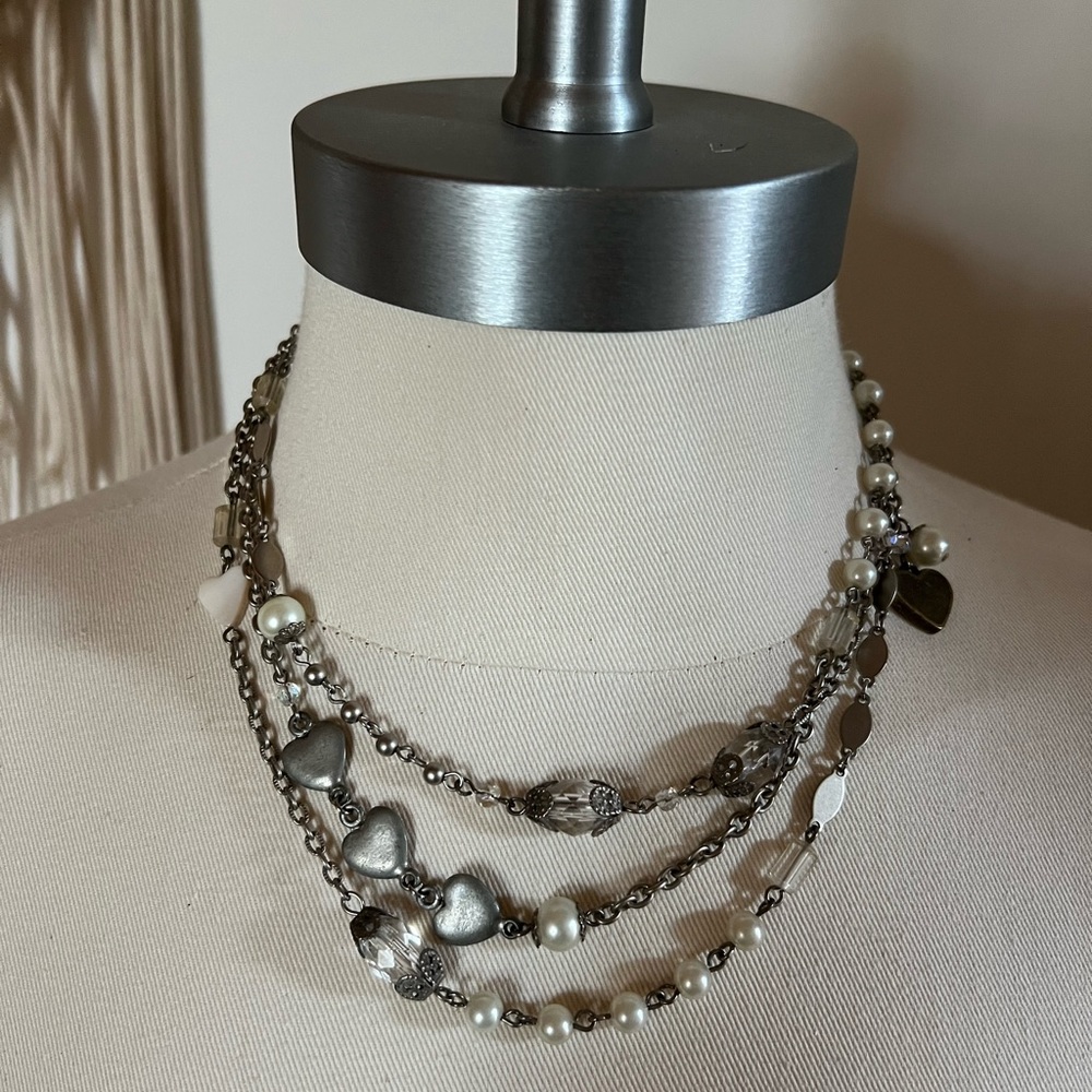Vintage Charm Necklace Crystal Pearl Silvertone Hearts Costume Jewelry Statement